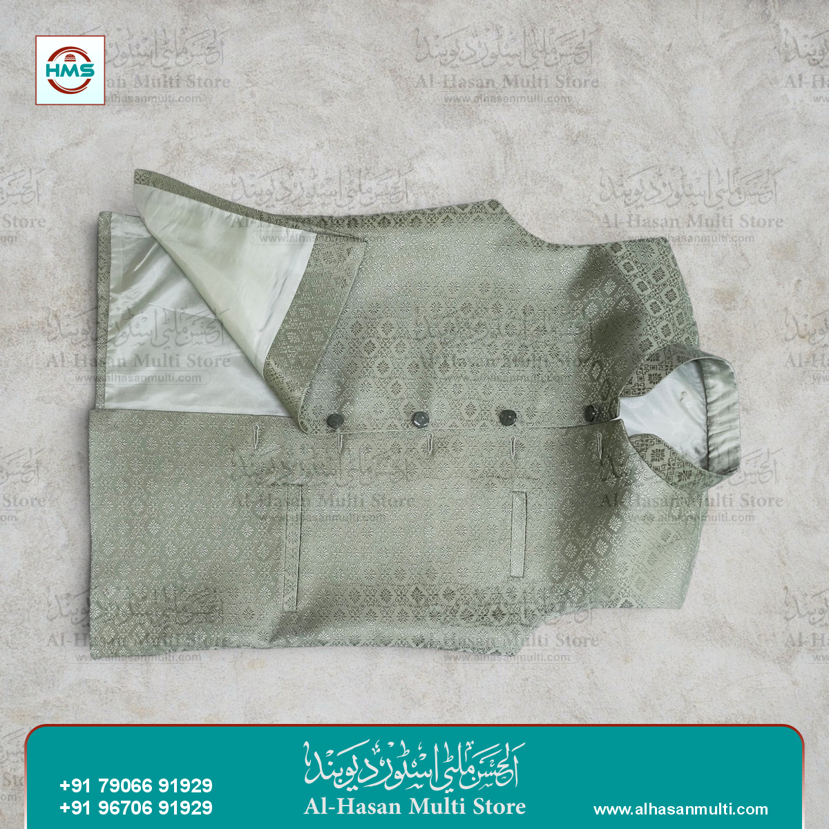 Sage Green Diamond Jacquard Sadri Waistcoat for Men