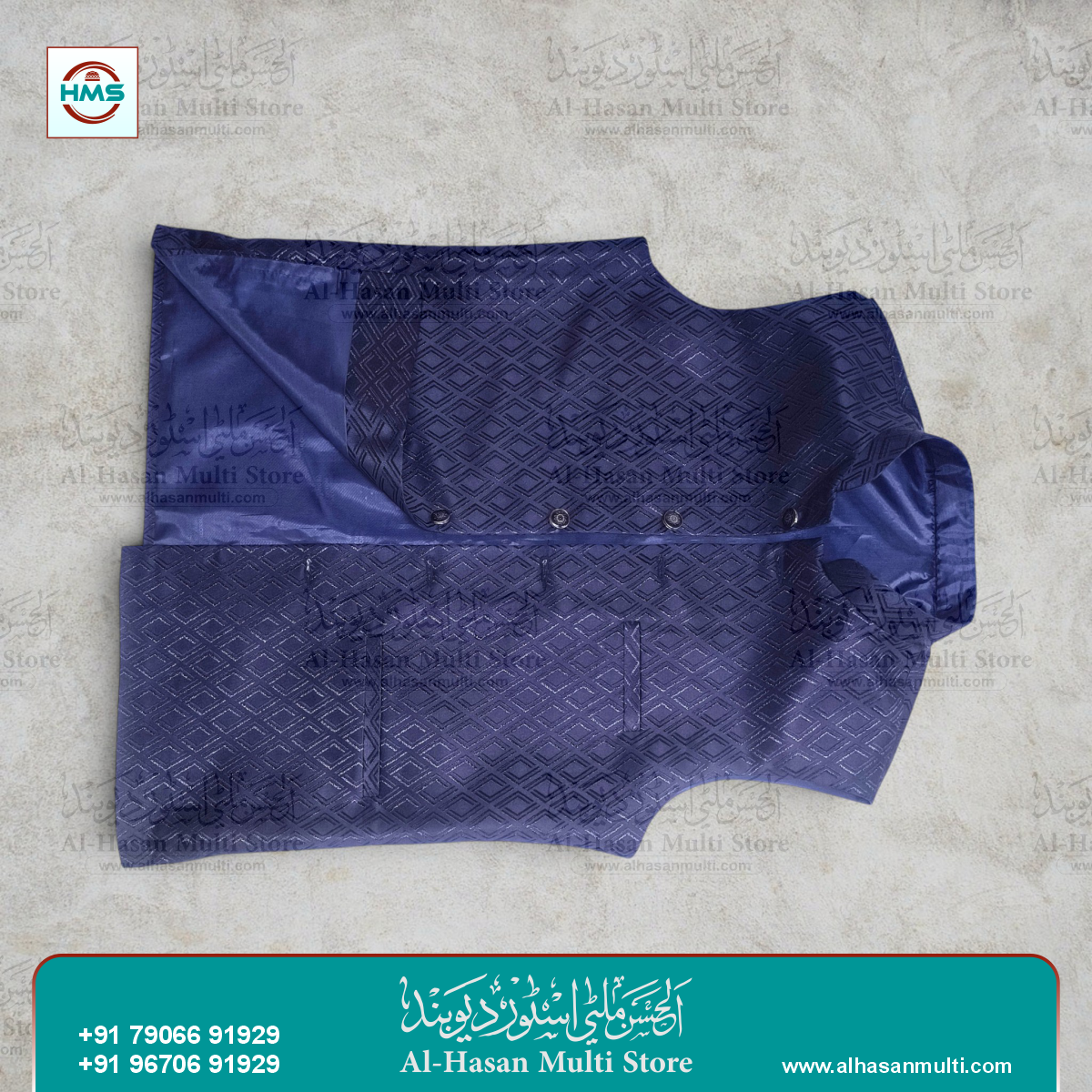 Midnight Blue Diamond Jacquard Sadri Waistcoat for Men