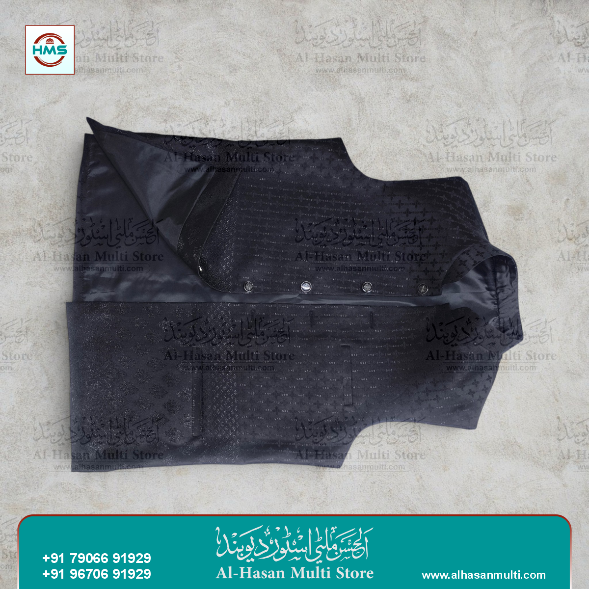 Midnight Black Geometric Jacquard Sadri Waistcoat for Men