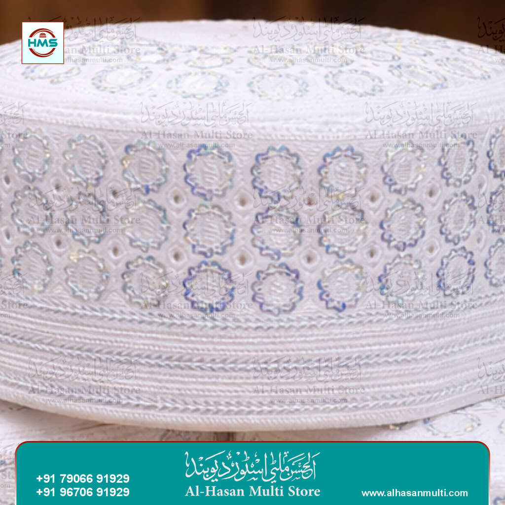 White Silver Embroidered Topi