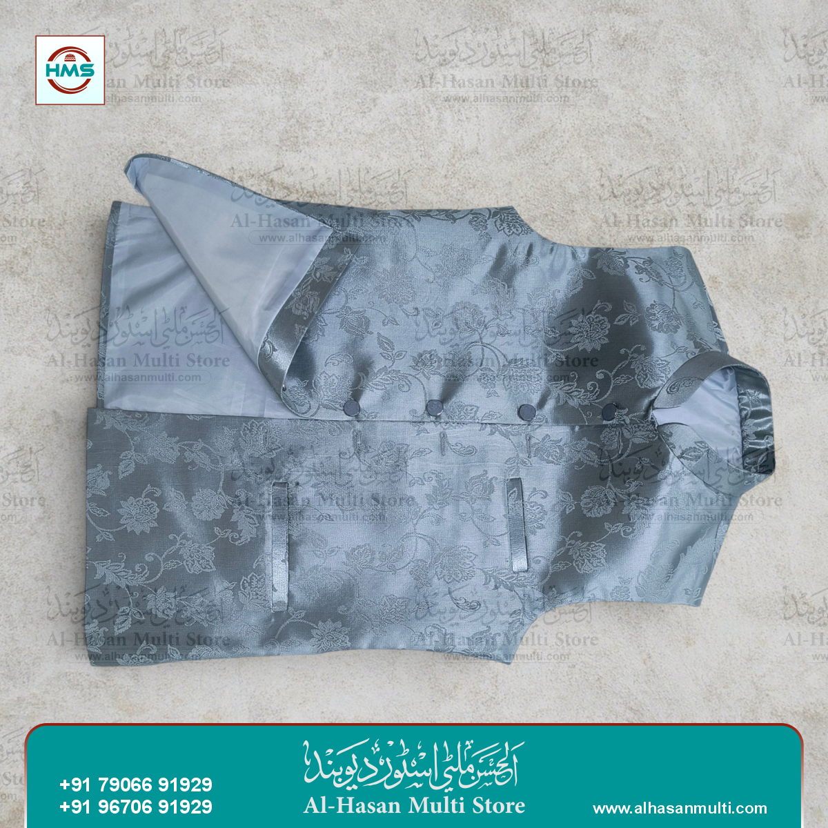Ice Blue Floral Jacquard Sadri Waistcoat for Men