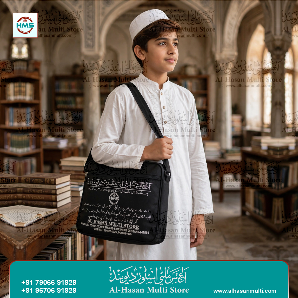 Premium Islamic Shoulder Bag – Black Multi-Purpose Travel & Madarsa Bag | Waterproof